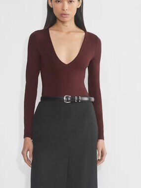 Babaton by Aritzia - Contour V-Neck Longsleeve Deep Bodysuit - Burgundy sz M